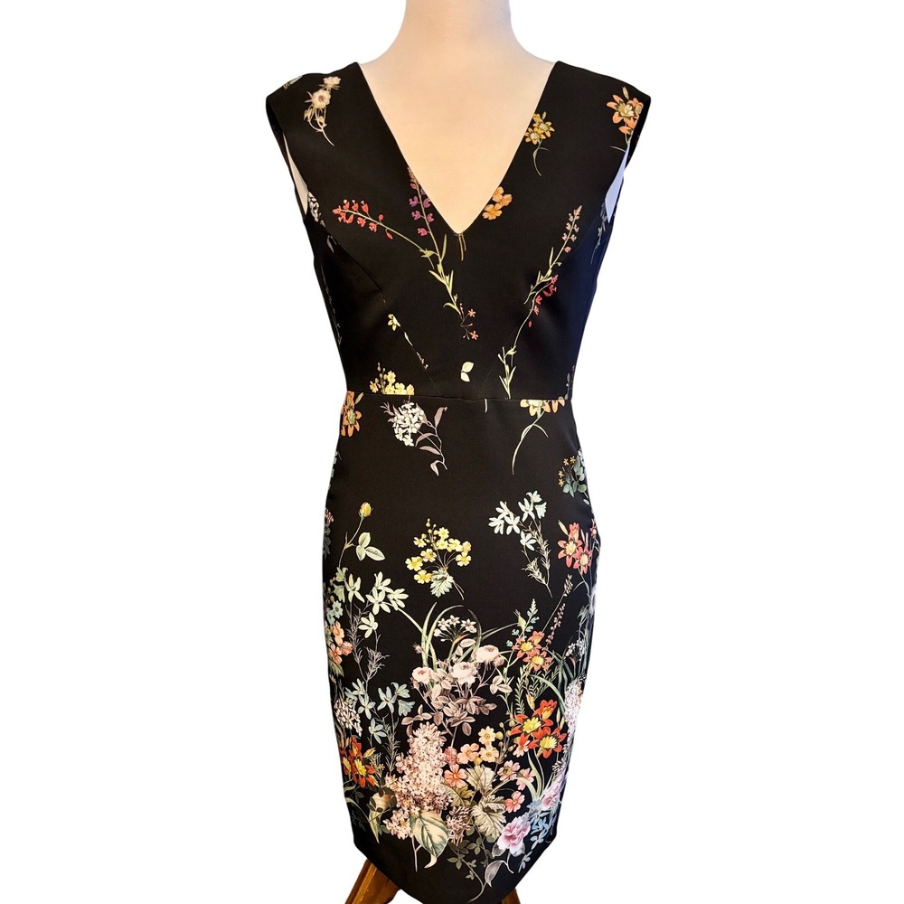 Zara Woman Floral Print Sleeveless V Neck Sheath Dress Black‎ XS colorful